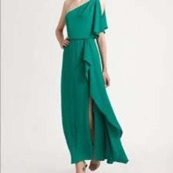 BCBGMaxazria Kendal One Shoulder Ruffle Side Slit Evening Gown Green Size 0 - Picture 2 of 11